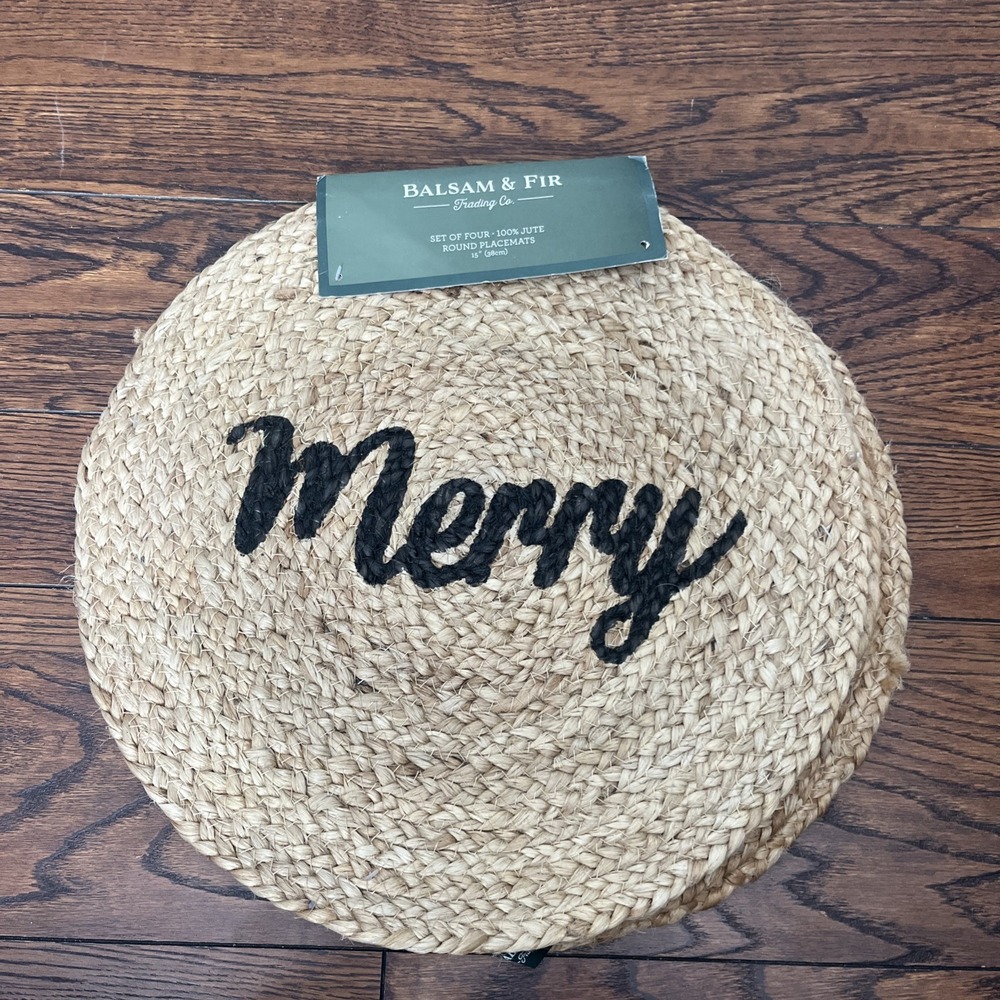 Set Of 4 - Balsam & Fir Trading Co. 100% Jute Placemats Christmas With "Merry"